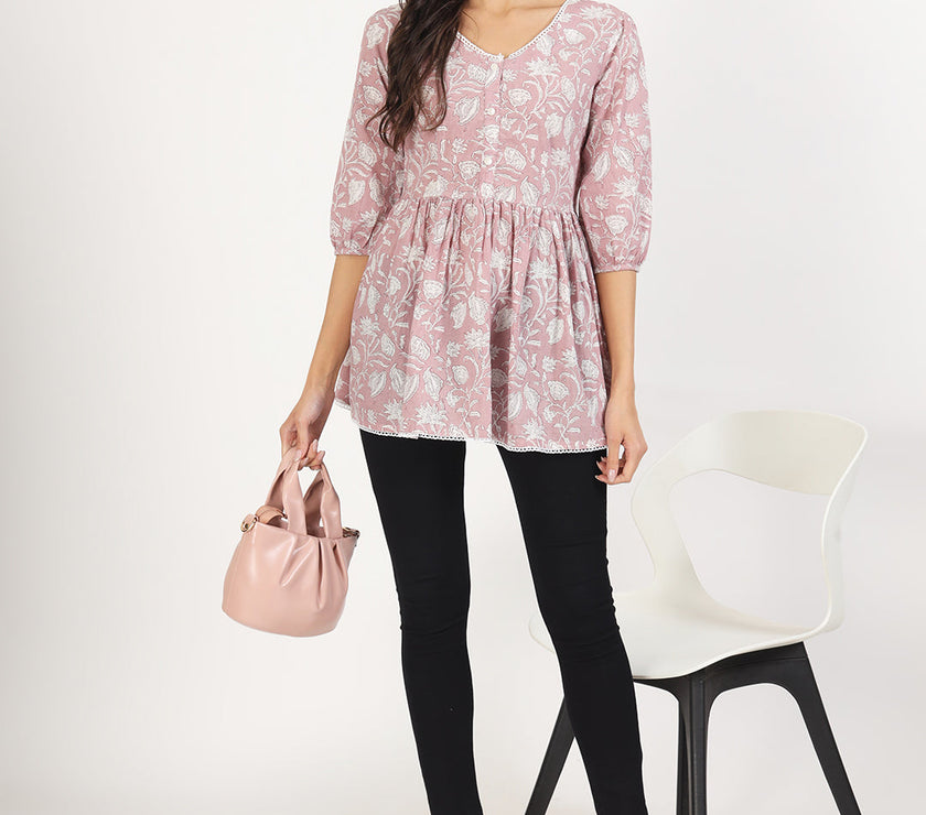 Divena Pink Floral Printed Cotton Top