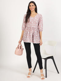 Divena Pink Floral Printed Cotton Top