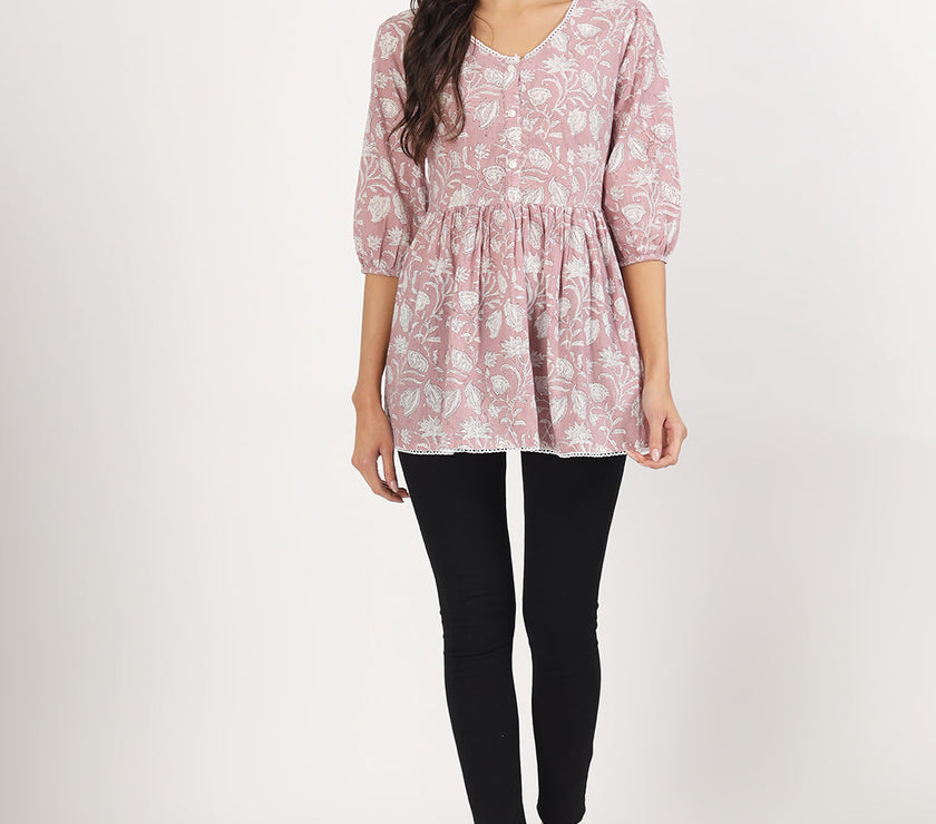 Divena Pink Floral Printed Cotton Top