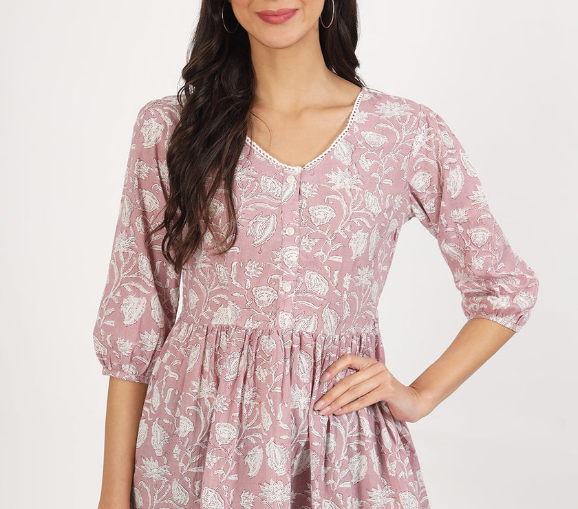 Divena Pink Floral Printed Cotton Top