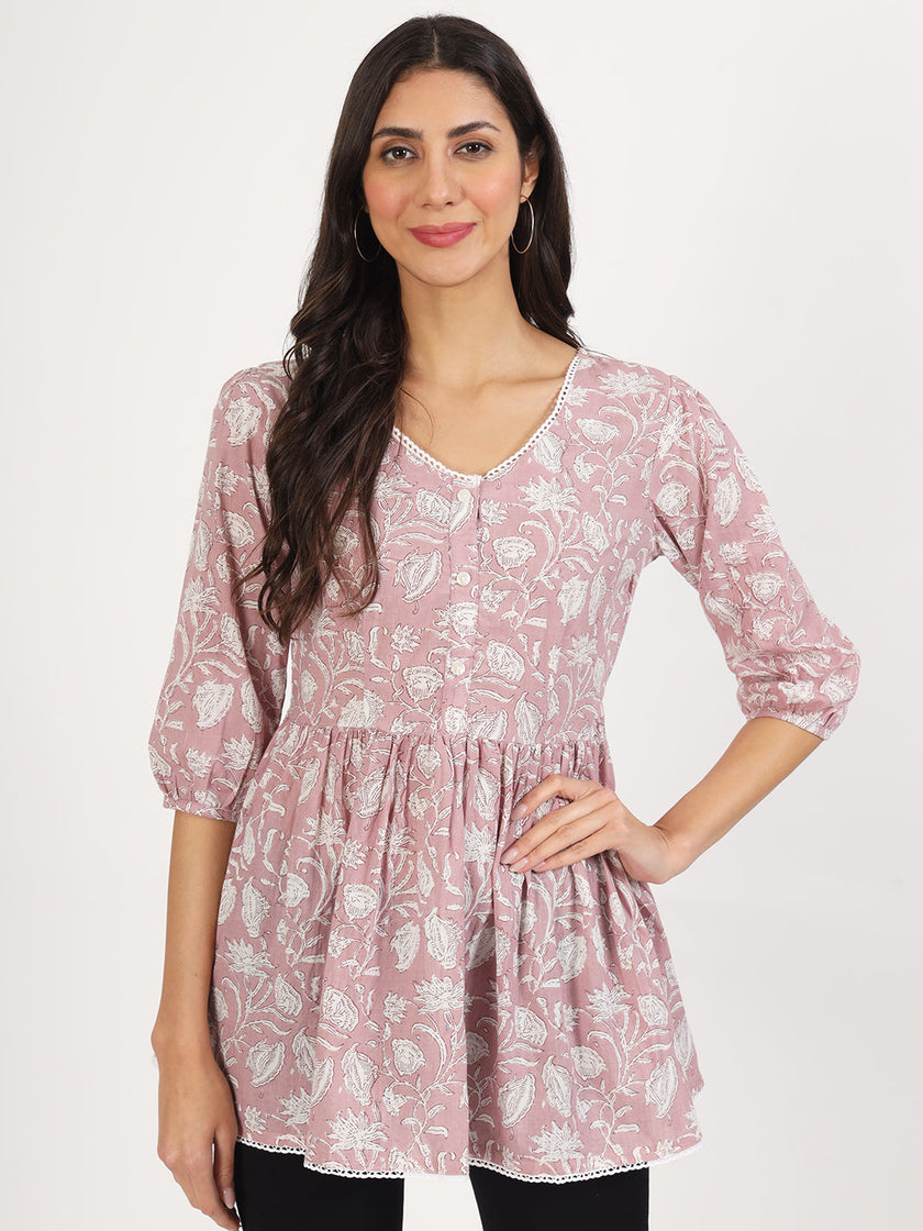 Divena Pink Floral Printed Cotton Top