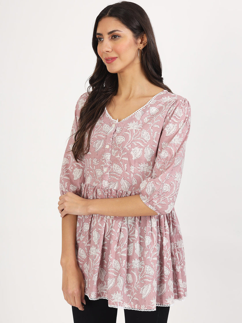 Divena Pink Floral Printed Cotton Top