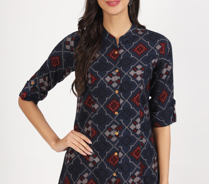 Divena Blue Geometric Printed Rayon Top