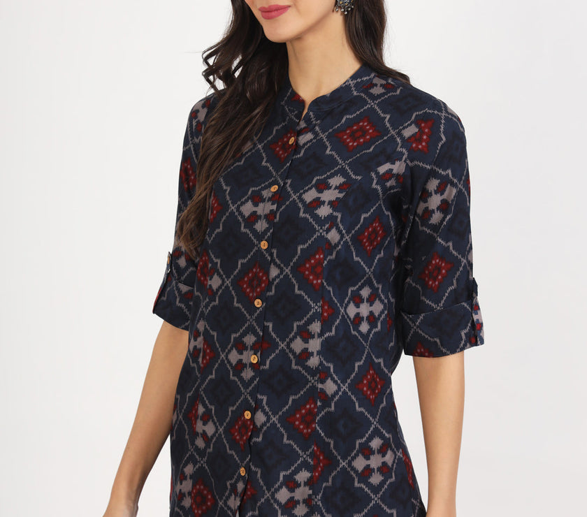 Divena Blue Geometric Printed Rayon Top