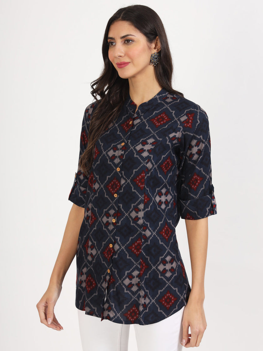 Divena Blue Geometric Printed Rayon Top