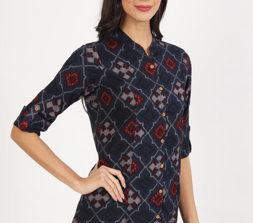 Divena Blue Geometric Printed Rayon Top