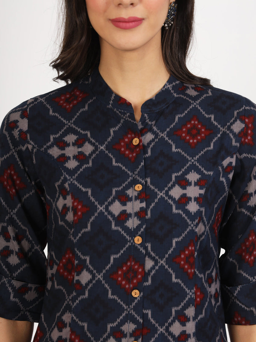 Divena Blue Geometric Printed Rayon Top