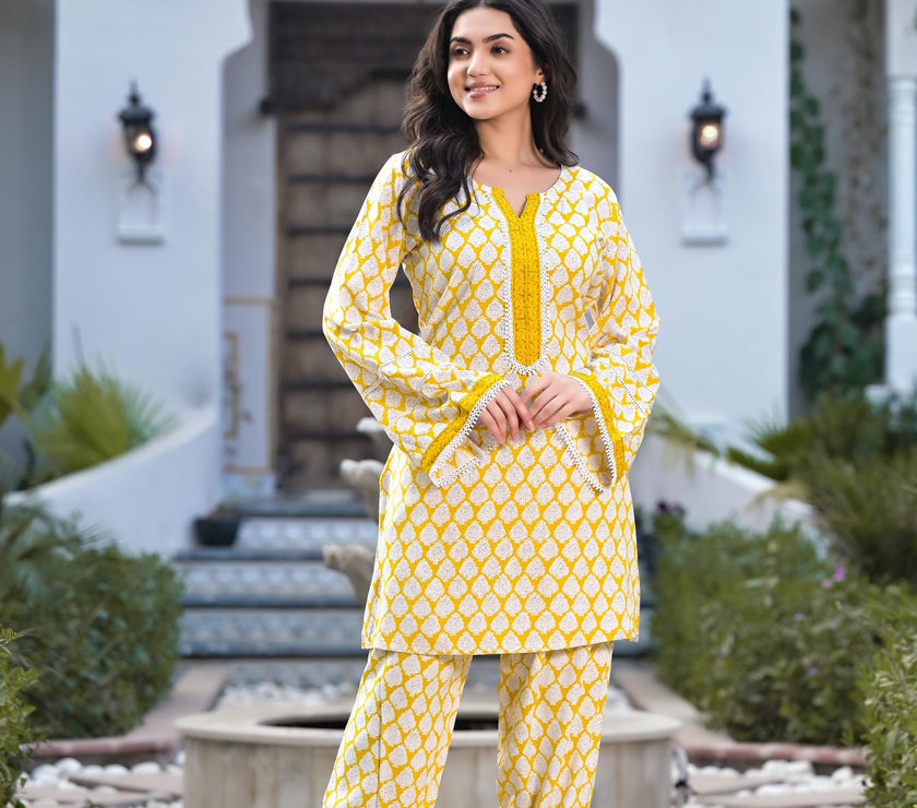 Divena Yellow Floral Print Rayon Co-ord set for women