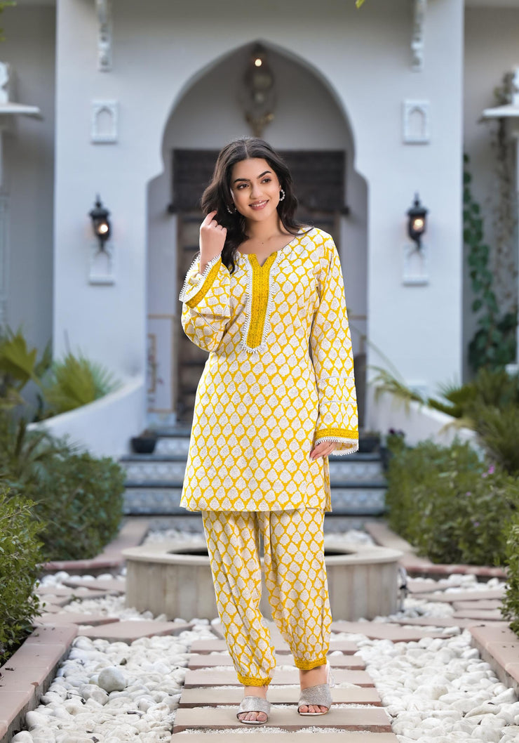 Divena Yellow Floral Print Rayon Co-ord set for women