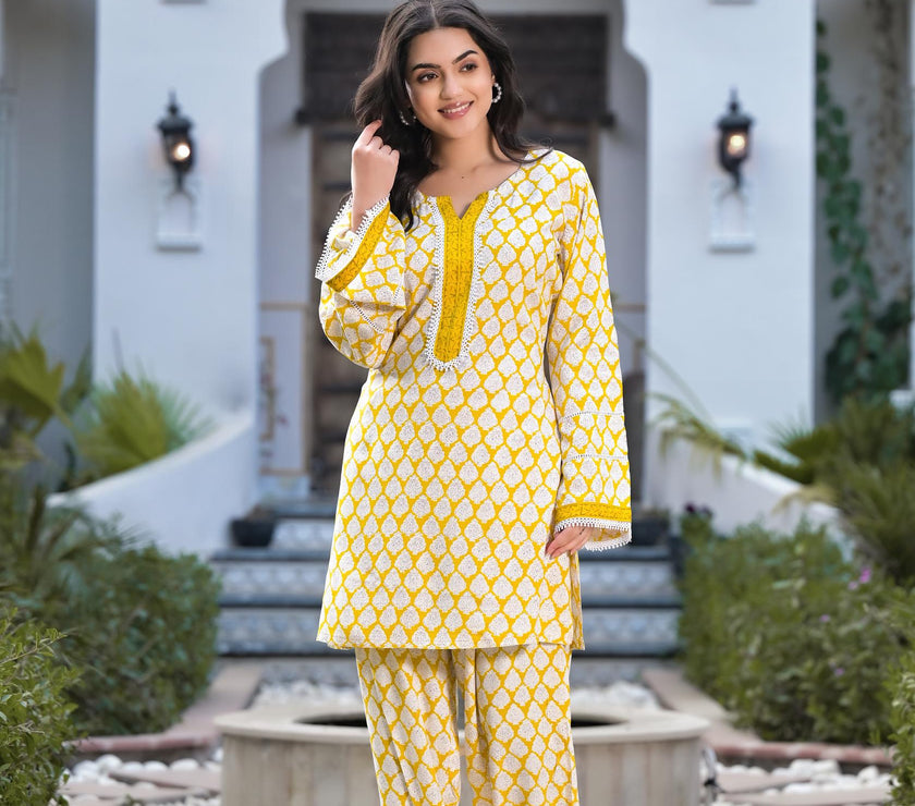 Divena Yellow Floral Print Rayon Co-ord set for women