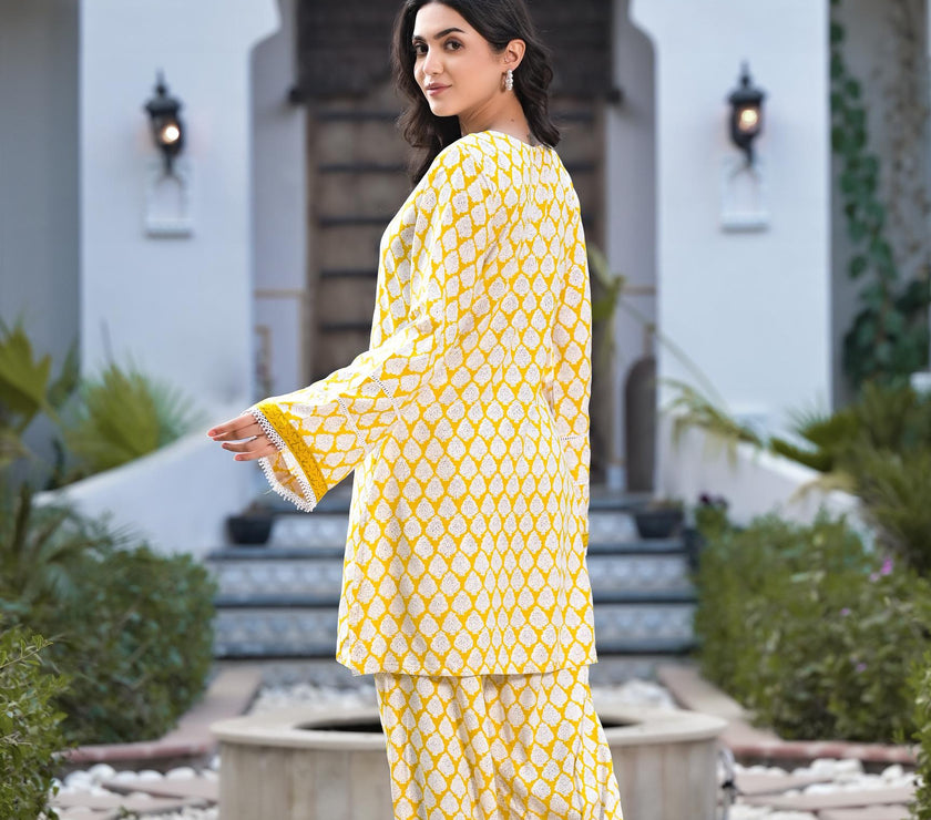 Divena Yellow Floral Print Rayon Co-ord set for women