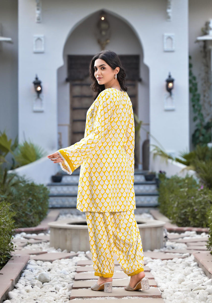 Divena Yellow Floral Print Rayon Co-ord set for women