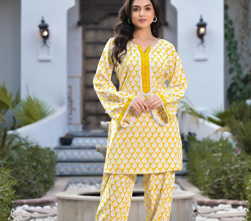 Divena Yellow Floral Print Rayon Co-ord set for women