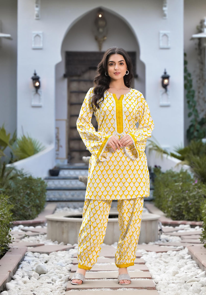 Divena Yellow Floral Print Rayon Co-ord set for women