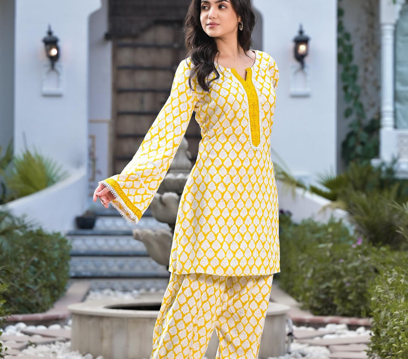 Divena Yellow Floral Print Rayon Co-ord set for women