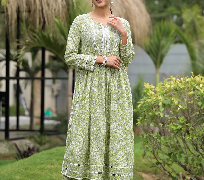 Divena Green Floral Print Cotton Nyra Cut Kurta Pant Set