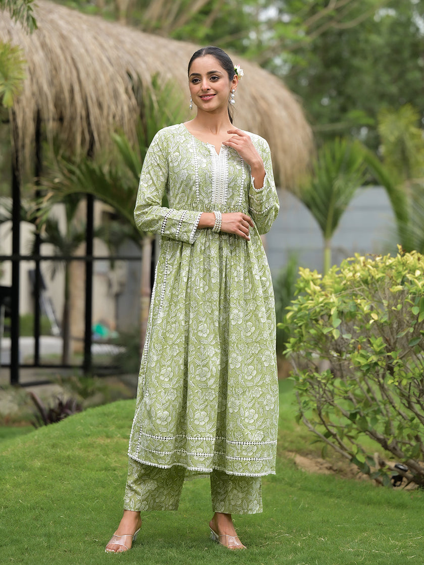 Divena Green Floral Print Cotton Nyra Cut Kurta Pant Set