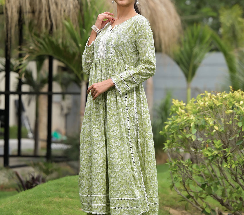 Divena Green Floral Print Cotton Nyra Cut Kurta Pant Set