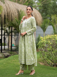 Divena Green Floral Print Cotton Nyra Cut Kurta Pant Set