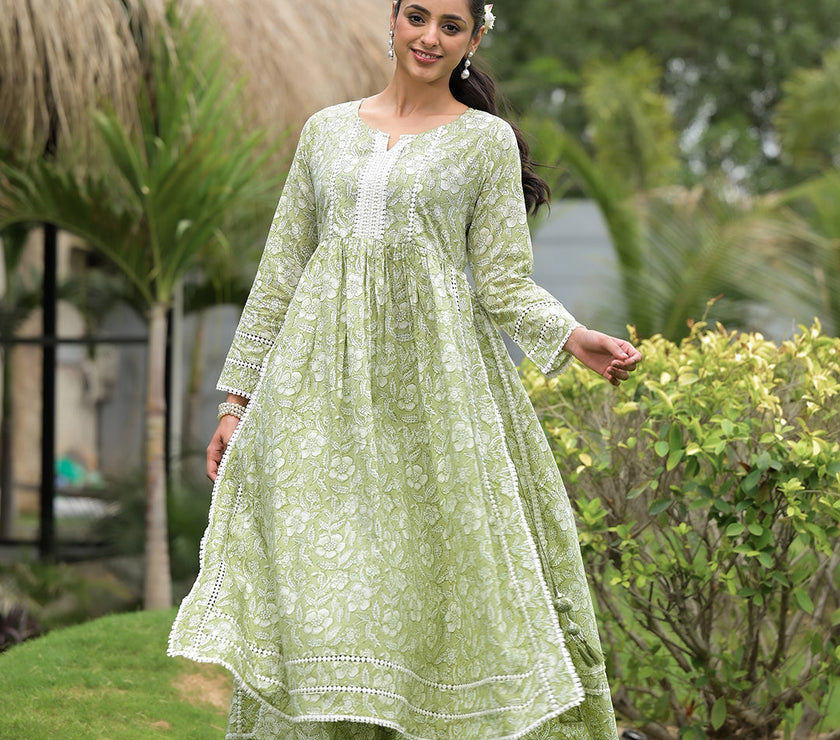 Divena Green Floral Print Cotton Nyra Cut Kurta Pant Set