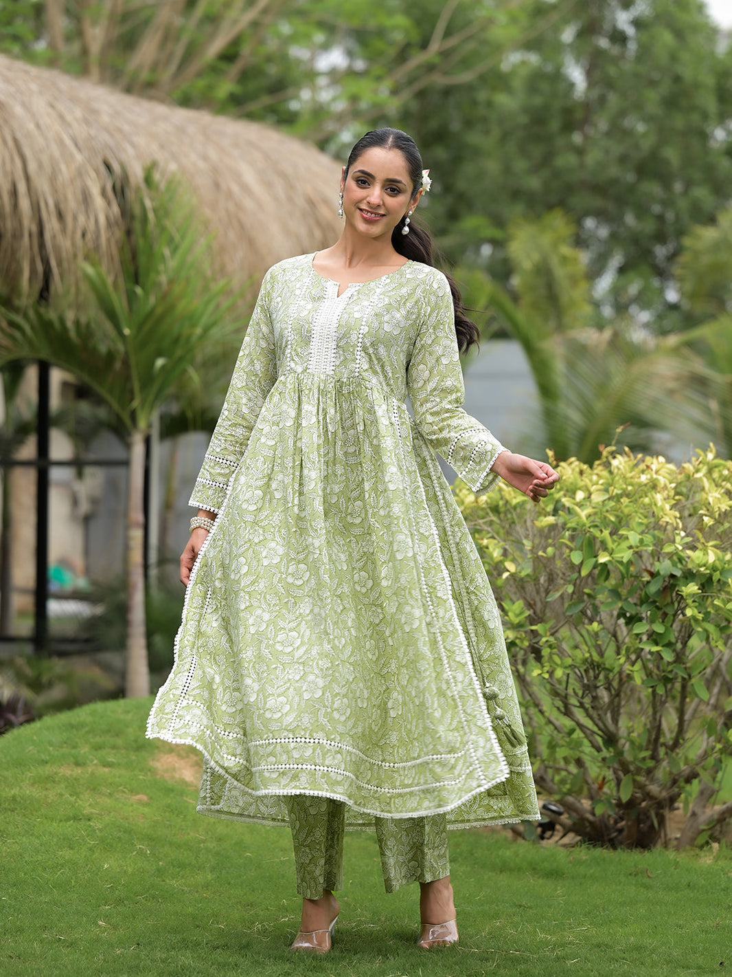 Divena Green Floral Print Cotton Nyra Cut Kurta Pant Set