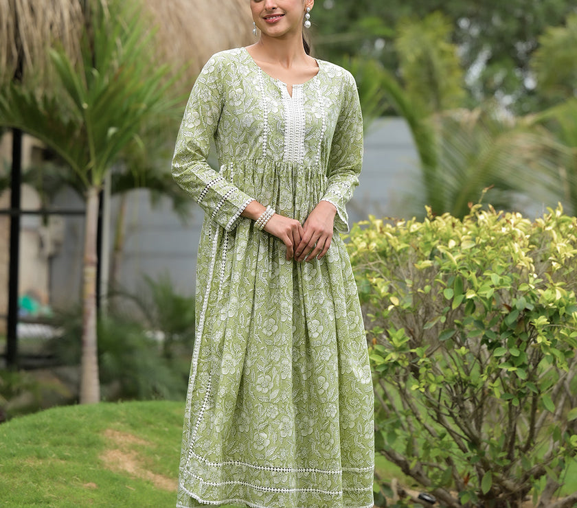 Divena Green Floral Print Cotton Nyra Cut Kurta Pant Set