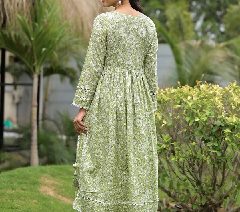 Divena Green Floral Print Cotton Nyra Cut Kurta Pant Set