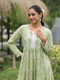 Divena Green Floral Print Cotton Nyra Cut Kurta Pant Set