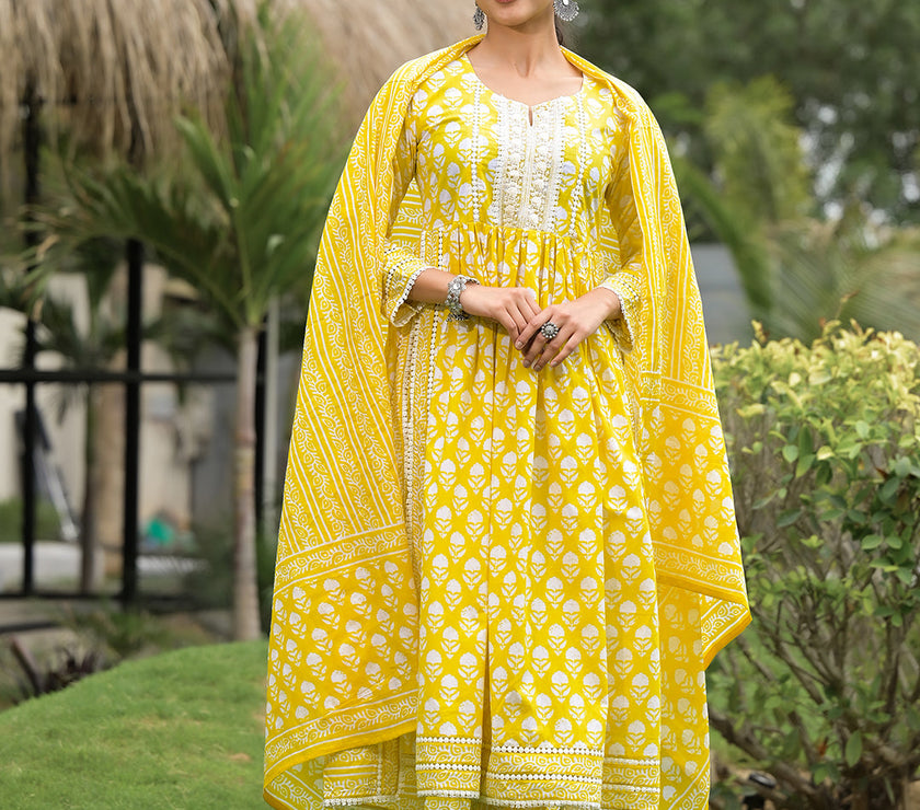 Divena Yellow Floral Print Cotton Kurta Pants with Dupatta set for women