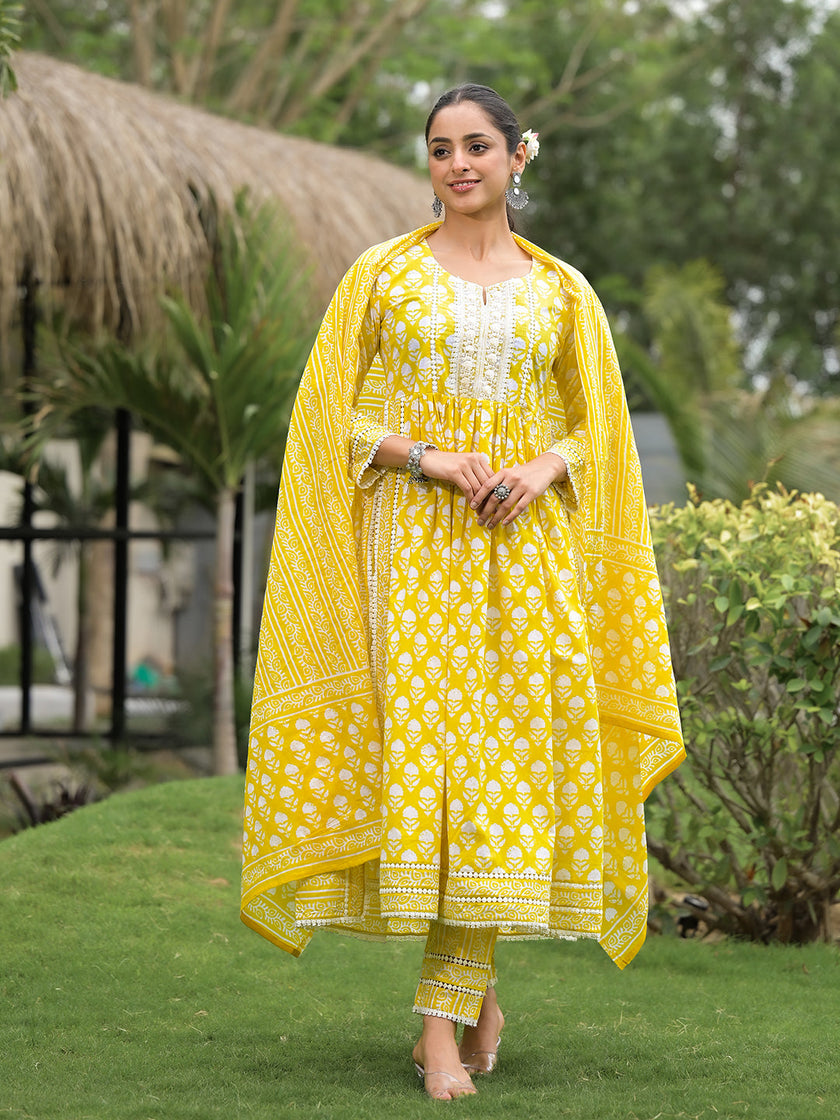 Divena Yellow Floral Print Cotton Kurta Pants with Dupatta set for women