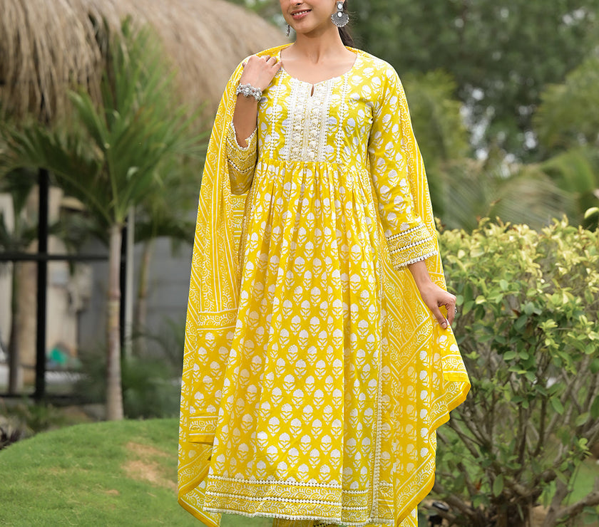 Divena Yellow Floral Print Cotton Kurta Pants with Dupatta set for women