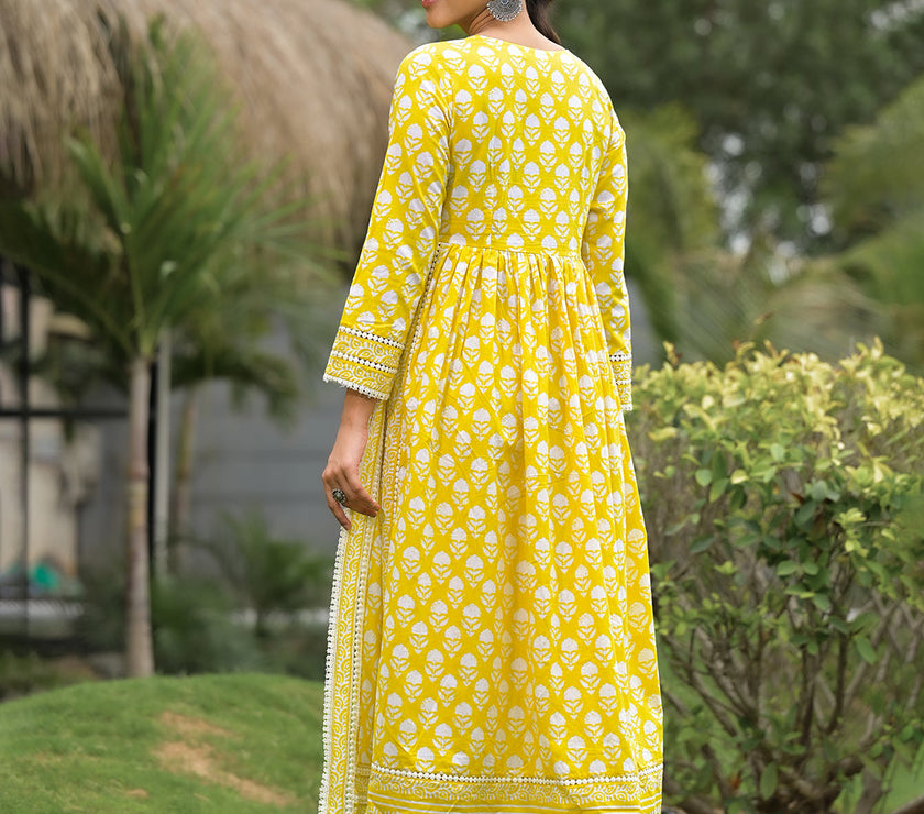 Divena Yellow Floral Print Cotton Kurta Pants with Dupatta set for women