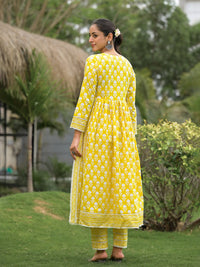 Divena Yellow Floral Print Cotton Kurta Pants with Dupatta set for women