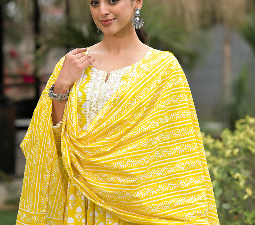 Divena Yellow Floral Print Cotton Kurta Pants with Dupatta set for women