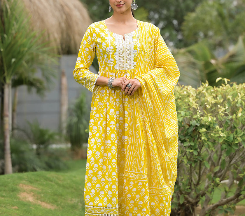 Divena Yellow Floral Print Cotton Kurta Pants with Dupatta set for women