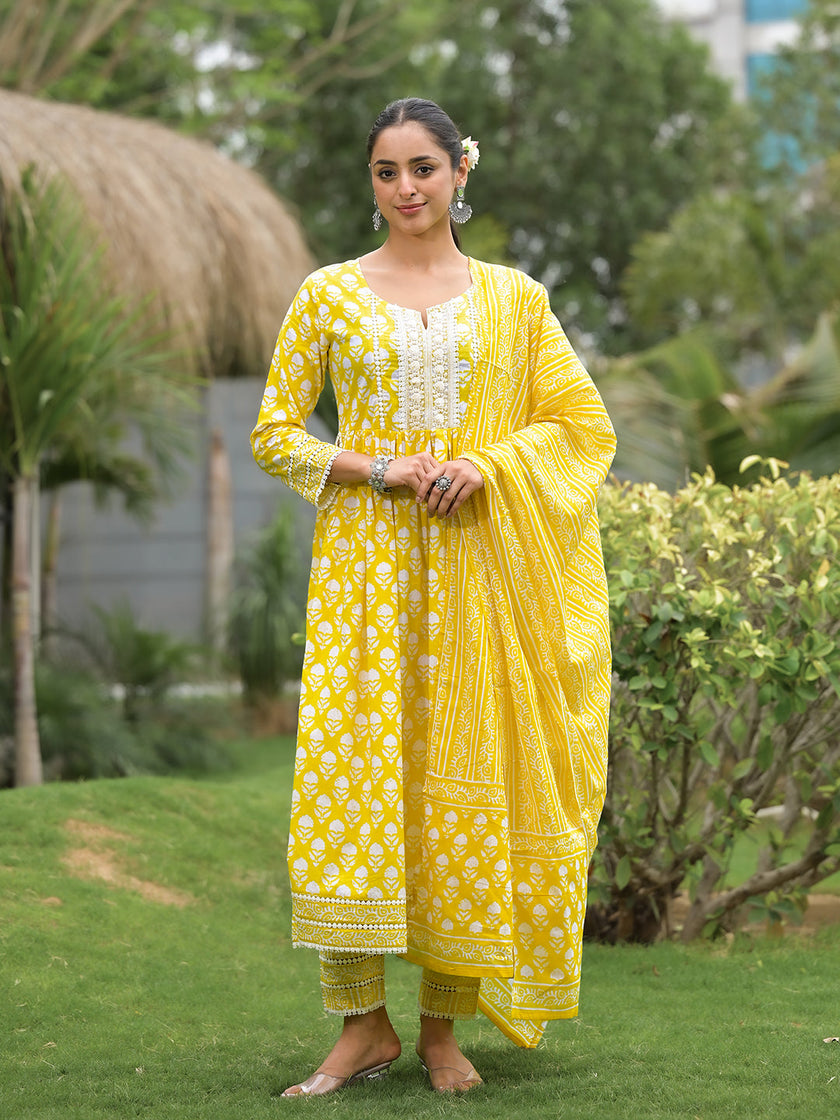 Divena Yellow Floral Print Cotton Kurta Pants with Dupatta set for women