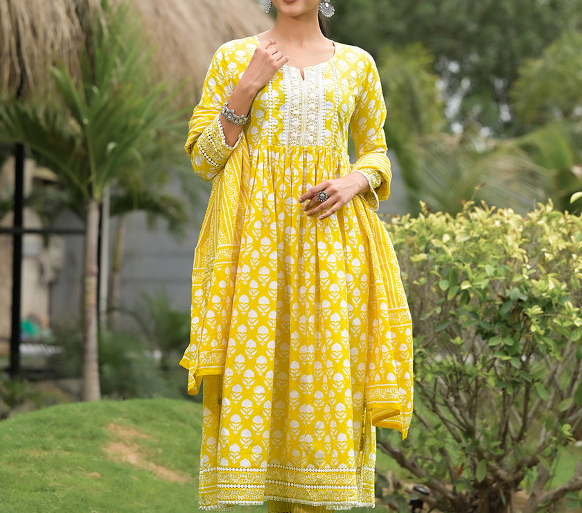 Divena Yellow Floral Print Cotton Kurta Pants with Dupatta set for women