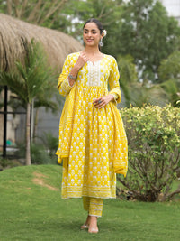 Divena Yellow Floral Print Cotton Kurta Pants with Dupatta set for women