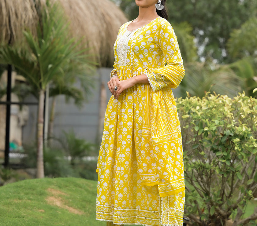 Divena Yellow Floral Print Cotton Kurta Pants with Dupatta set for women