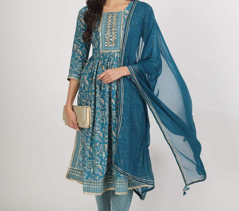 Divena Teal Blue Floral Print Cotton Nyra Cut Kurta pants with Dupatta set