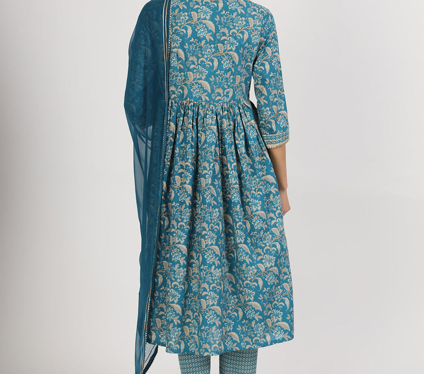 Divena Teal Blue Floral Print Cotton Nyra Cut Kurta pants with Dupatta set