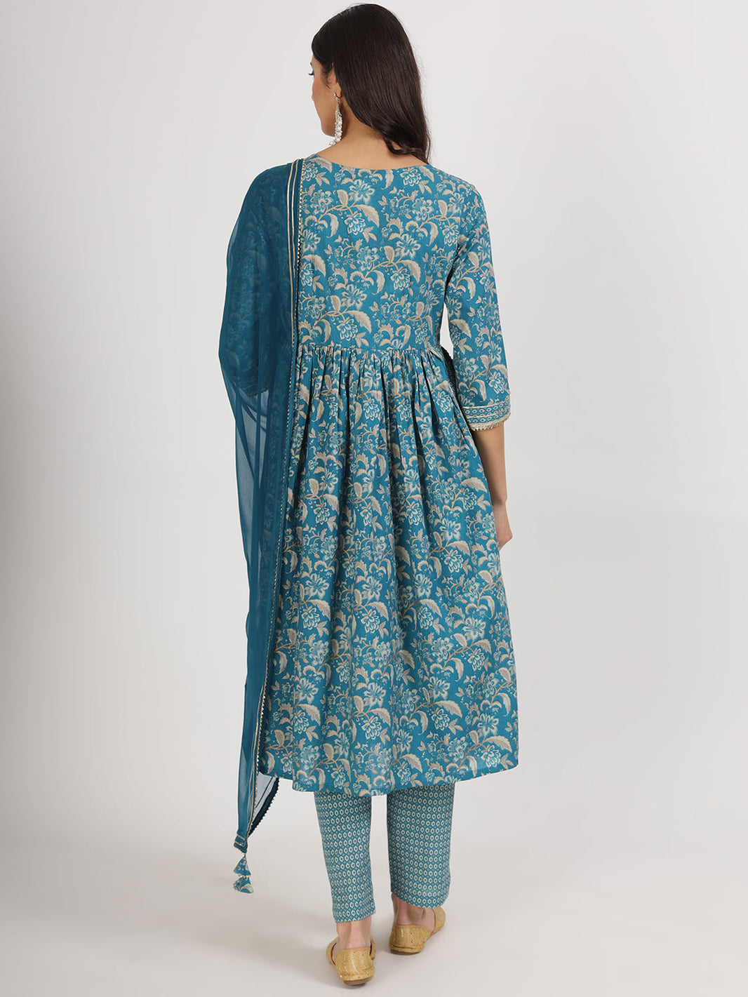 Divena Teal Blue Floral Print Cotton Nyra Cut Kurta pants with Dupatta set