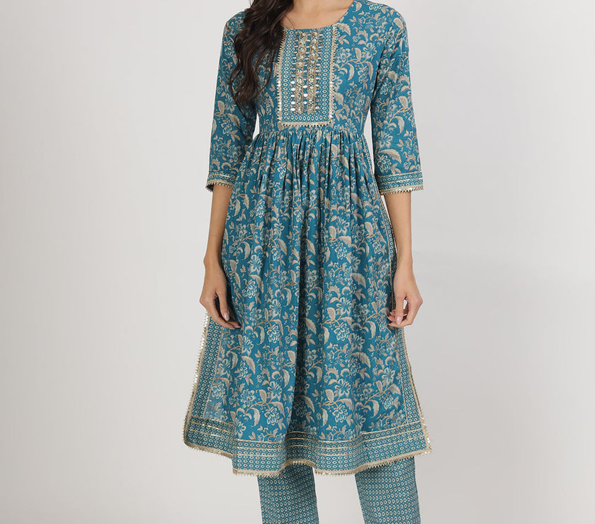 Divena Teal Blue Floral Print Cotton Nyra Cut Kurta pants with Dupatta set