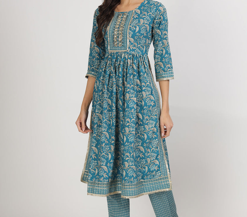 Divena Teal Blue Floral Print Cotton Nyra Cut Kurta pants with Dupatta set