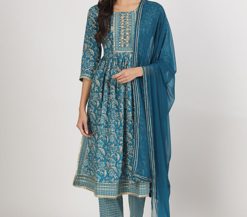 Divena Teal Blue Floral Print Cotton Nyra Cut Kurta pants with Dupatta set