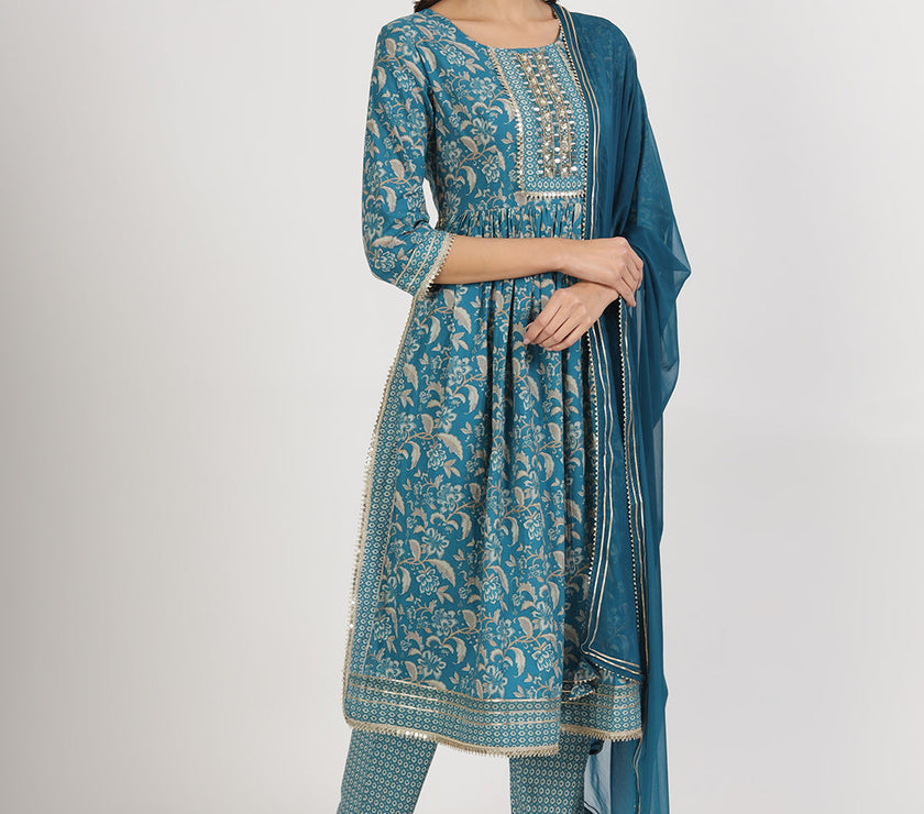 Divena Teal Blue Floral Print Cotton Nyra Cut Kurta pants with Dupatta set