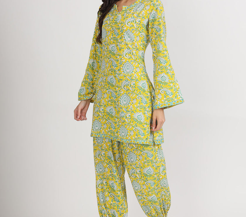 Divena Mustard Floral Print Rayon Co-ord set