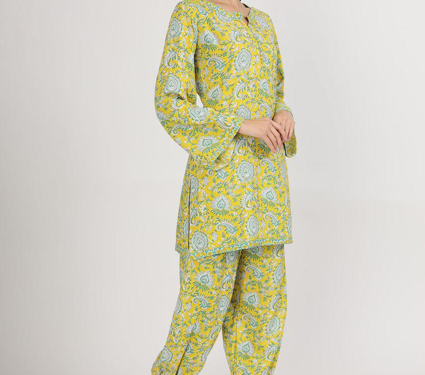 Divena Mustard Floral Print Rayon Co-ord set