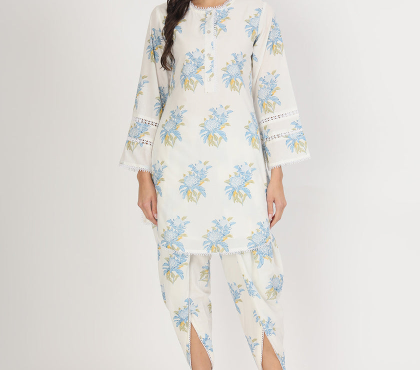 Divena off White Floral Print Cotton Co-ord set