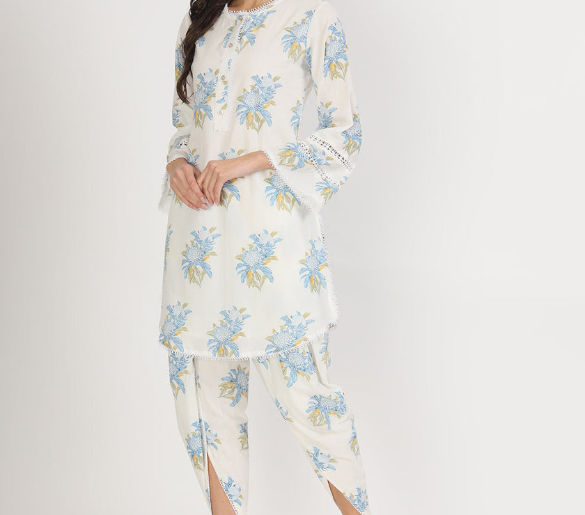 Divena off White Floral Print Cotton Co-ord set